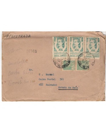 1947 ENVELOPE CIRCULADO, REGISTRADO EM 24/03/1947, DO RIO DE JANEIRO PARA SALVADOR-BAHIA ,PEQUENO CORTE NA PARTE SUPERIOR CANTO DIREITO.7508